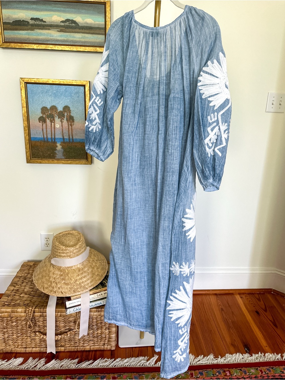 Dolma Blue White Embroidered Boho Maxi Resort Hamptons Summer Dress | NWOT OS - Picture 5 of 5